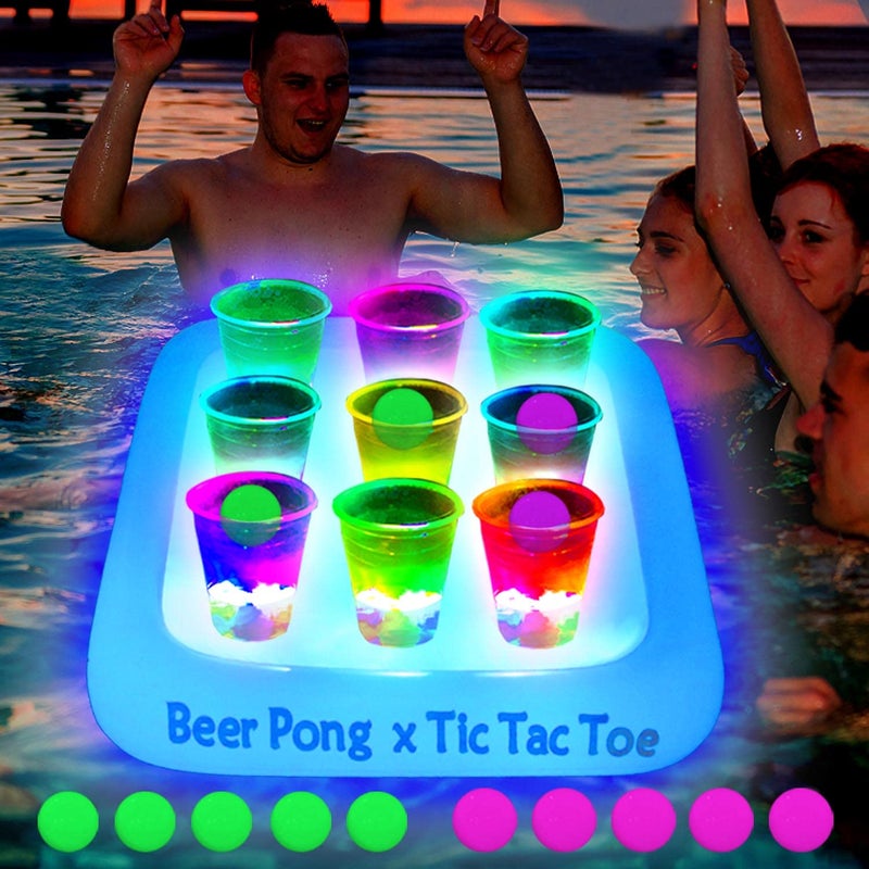Ahuimeius 23 x 23 Inch Glowing Pool Party Rack Tic Tac Toe Floating Rafts Swimming Pool Pong Party Game Drinking Game and Drink Holder Includes 1 Rafts 9 Cups and 10 Pong Balls Flashing Color 1 - Image 2