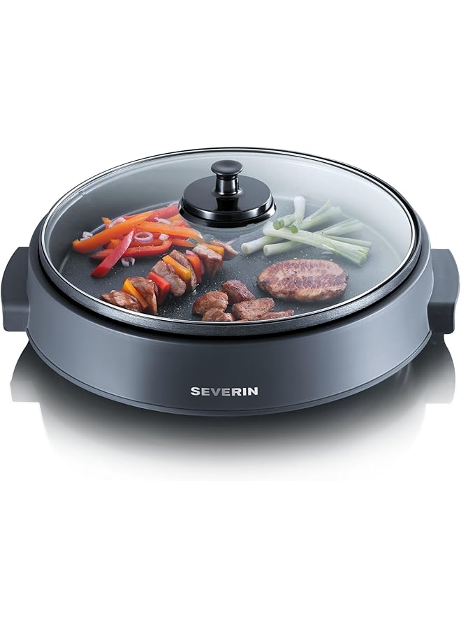Severin German Brand Multipurpose Pan 1300W Bbq, Pizza, Frying, Steaming, And Warming   Non Stick Surface, Glass Lid, Detachable Cord Size 18.30X50.50Cm, 2 Year Warranty - Image 1