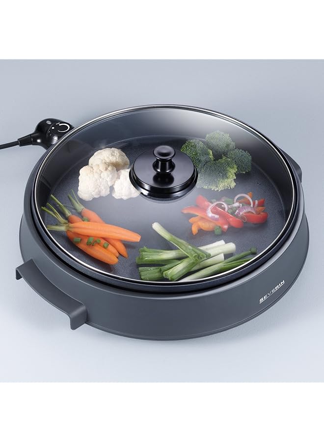 Severin German Brand Multipurpose Pan 1300W Bbq, Pizza, Frying, Steaming, And Warming   Non Stick Surface, Glass Lid, Detachable Cord Size 18.30X50.50Cm, 2 Year Warranty - Image 3