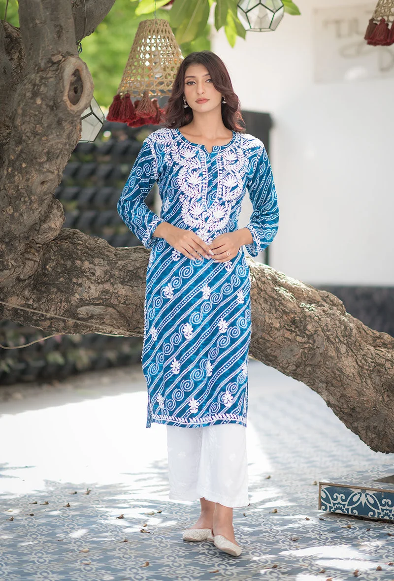 ZERESOUQ Blue Rayon Bandhani Printed Kurta Only