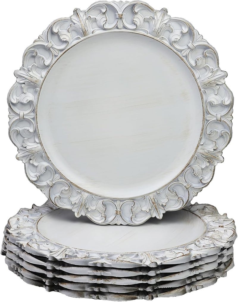 Leemxiiny 13 Antique White Charger Plates Set of 6 Plastic Textured Chargers for Dinner Plates with Embossed Rim Table Dcor Party Wedding Holiday - Image 1