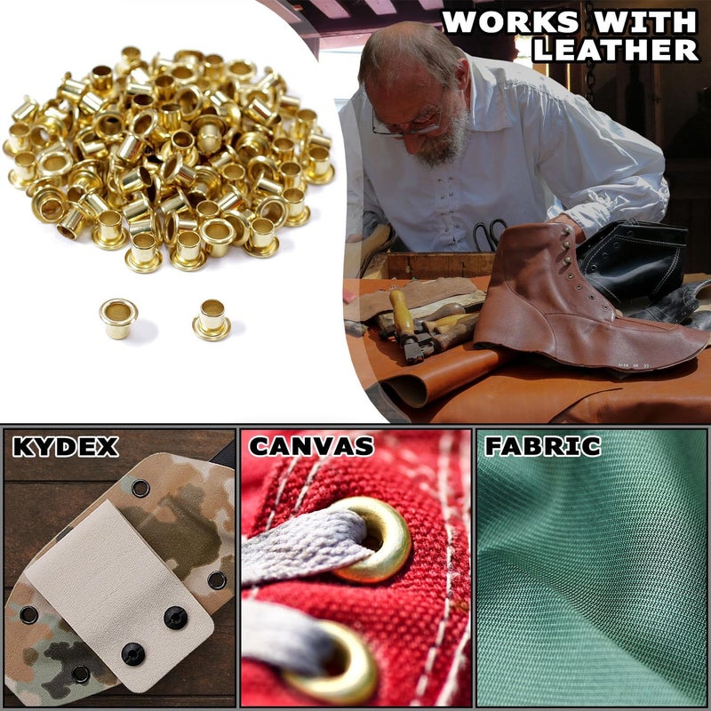 HolsterSmith [100 Pack] Polished Brass Eyelets - (#8-8 Length) - (1/4 in. Diameter) - (USA Made) - Rivets for DIY Kydex Holsters, Leather Shoes, and Canvas Cloth - Image 2
