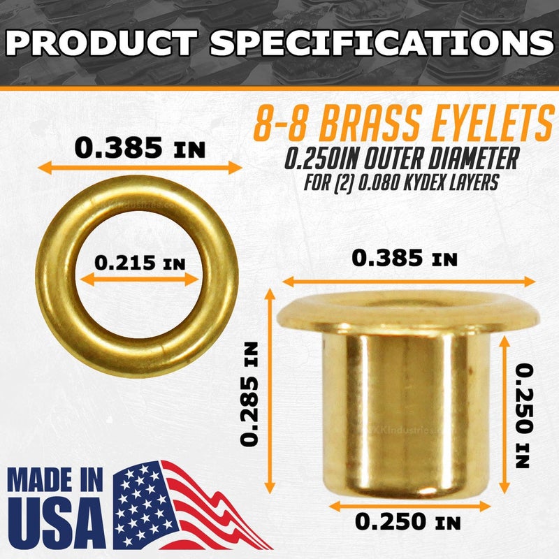 HolsterSmith [100 Pack] Polished Brass Eyelets - (#8-8 Length) - (1/4 in. Diameter) - (USA Made) - Rivets for DIY Kydex Holsters, Leather Shoes, and Canvas Cloth - Image 3