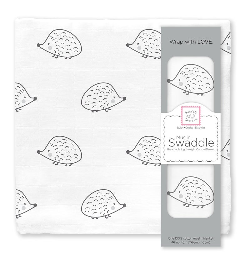 SwaddleDesigns Cotton Muslin Swaddle Blanket Receiving Blanket for Boys  Girls Best Shower Gift 46x46 inches Black Hedgehog