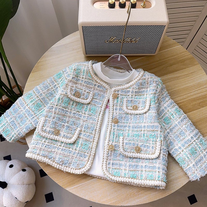 2024 Korean style girls Chanel style coat Spring and Autumn new fashionable western style girls casual coat fashionable Blue 