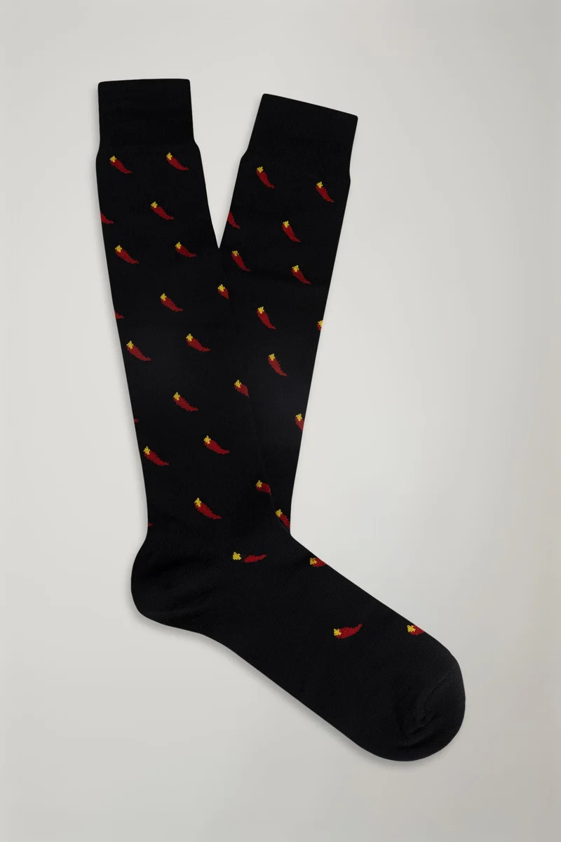 دوبل غانغر Men's knitted long socks with chillies pattern made in Italy - DK Blue