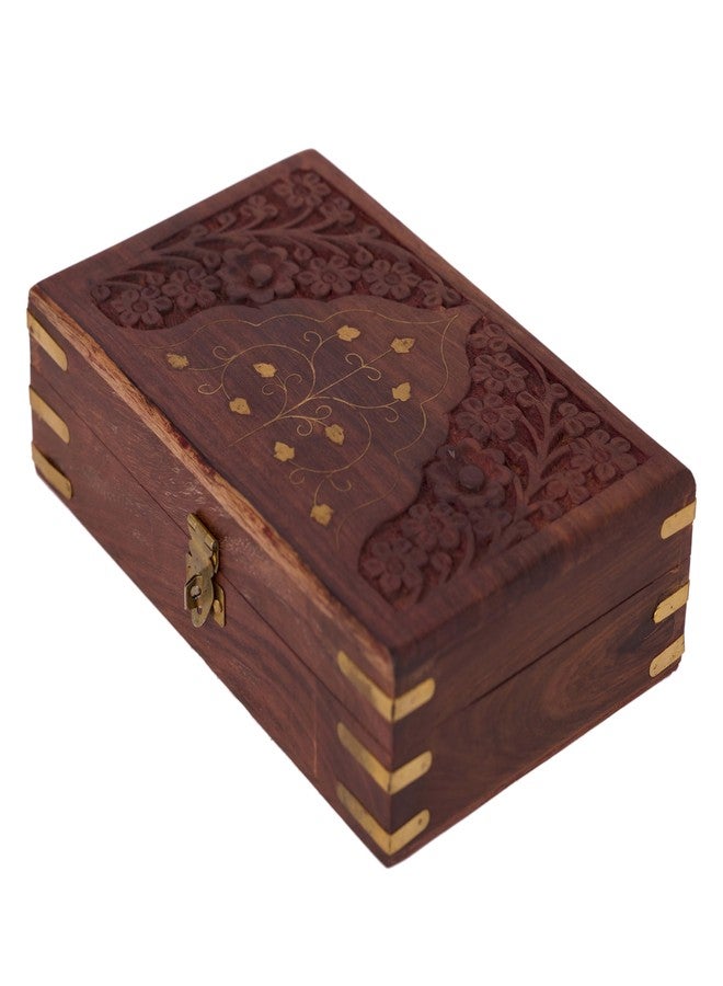 GURU JEE™ Wooden Jewellery Box Floral Carving With Brass Inlay Wood Jewelry Organizer Trinket Holder Keepsake Box Treasure Chest Watch Storage Box - Image 2