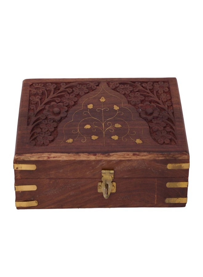 GURU JEE™ Wooden Jewellery Box Floral Carving With Brass Inlay Wood Jewelry Organizer Trinket Holder Keepsake Box Treasure Chest Watch Storage Box - Image 1