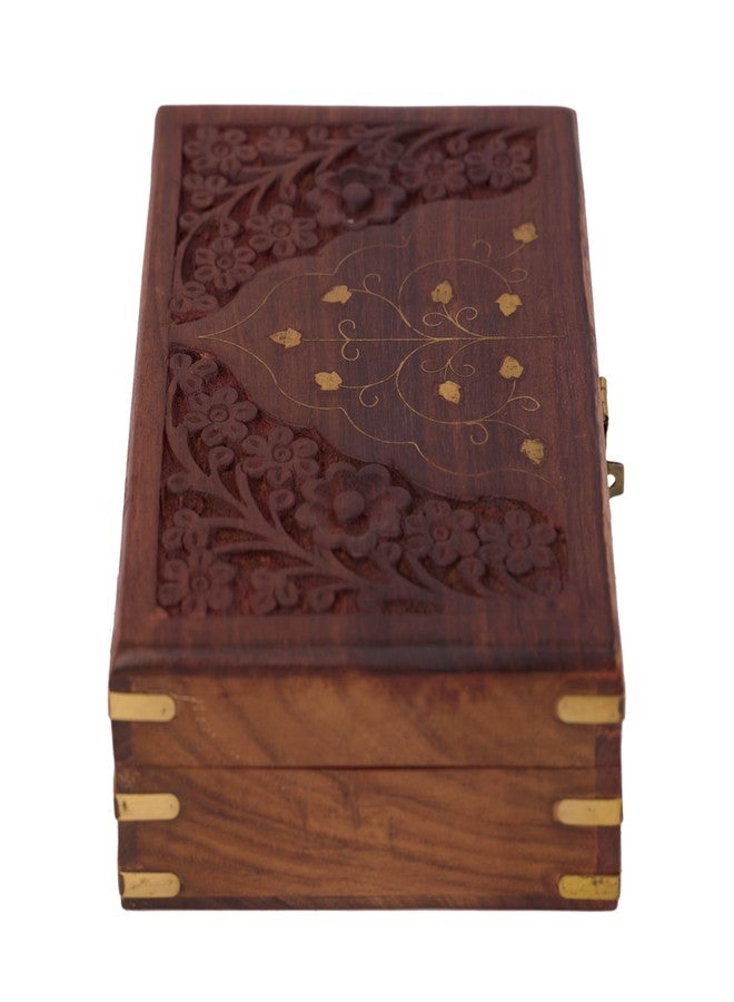 GURU JEE™ Wooden Jewellery Box Floral Carving With Brass Inlay Wood Jewelry Organizer Trinket Holder Keepsake Box Treasure Chest Watch Storage Box - Image 3