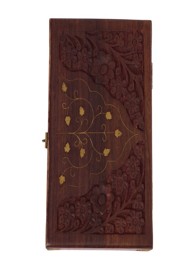 GURU JEE™ Wooden Jewellery Box Floral Carving With Brass Inlay Wood Jewelry Organizer Trinket Holder Keepsake Box Treasure Chest Watch Storage Box - Image 5