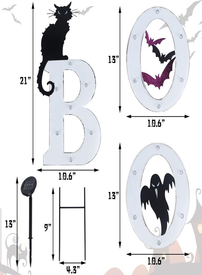 Prsildan 3 Pack Halloween Decorations Outdoor -Solar Powered Lighted Boo Yard Sign with Bats, Cat & Ghost, Waterproof Metal Lawn Stakes for Front Yard, Porch, Garden - Spooky Halloween Party Decor - Image 3