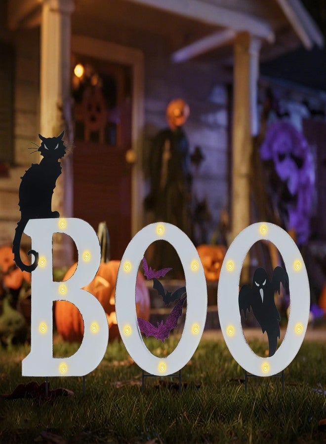 Prsildan 3 Pack Halloween Decorations Outdoor -Solar Powered Lighted Boo Yard Sign with Bats, Cat & Ghost, Waterproof Metal Lawn Stakes for Front Yard, Porch, Garden - Spooky Halloween Party Decor - Image 1