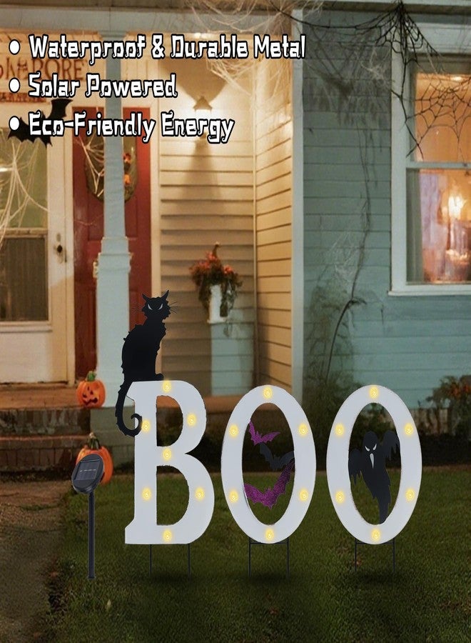 Prsildan 3 Pack Halloween Decorations Outdoor -Solar Powered Lighted Boo Yard Sign with Bats, Cat & Ghost, Waterproof Metal Lawn Stakes for Front Yard, Porch, Garden - Spooky Halloween Party Decor - Image 2