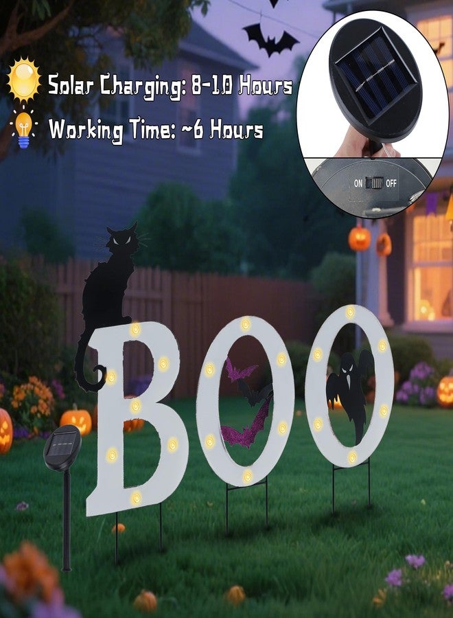 Prsildan 3 Pack Halloween Decorations Outdoor -Solar Powered Lighted Boo Yard Sign with Bats, Cat & Ghost, Waterproof Metal Lawn Stakes for Front Yard, Porch, Garden - Spooky Halloween Party Decor - Image 5