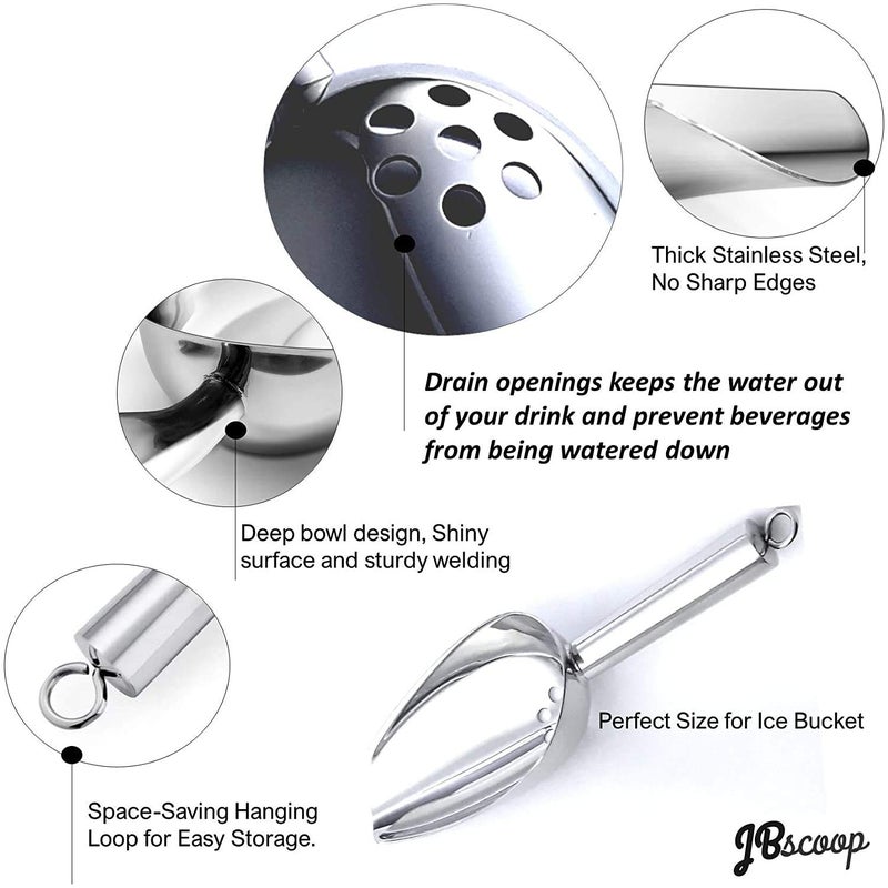 JBscoop Ice Scoop with Holes. Stainless Steel Ice Scoop with Drain Holes to Reduce Unwanted Dilution. Heavy Duty and Dishwasher Safe. Six Ounce Capacity. - Image 3