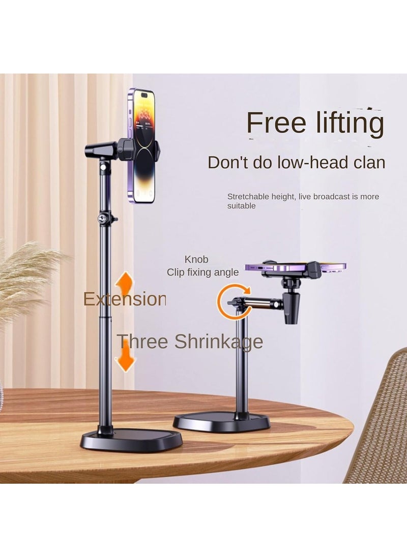 Mobile Desktop Stand, Pull-up Selfie Telescopic Stand, Metal Live Streaming Stand, Rotating Lazy Person Prone Shooting Stand, Black