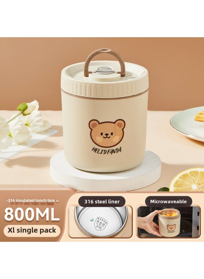316 Food Grade Stainless Steel Insulated Lunch Box Microwave Oven Heating Soup Bowl Children Bento Box Portable Lunch Box Gift-Specifications:316: Beige-extra Large 800ml (bear Type)  - Image 1