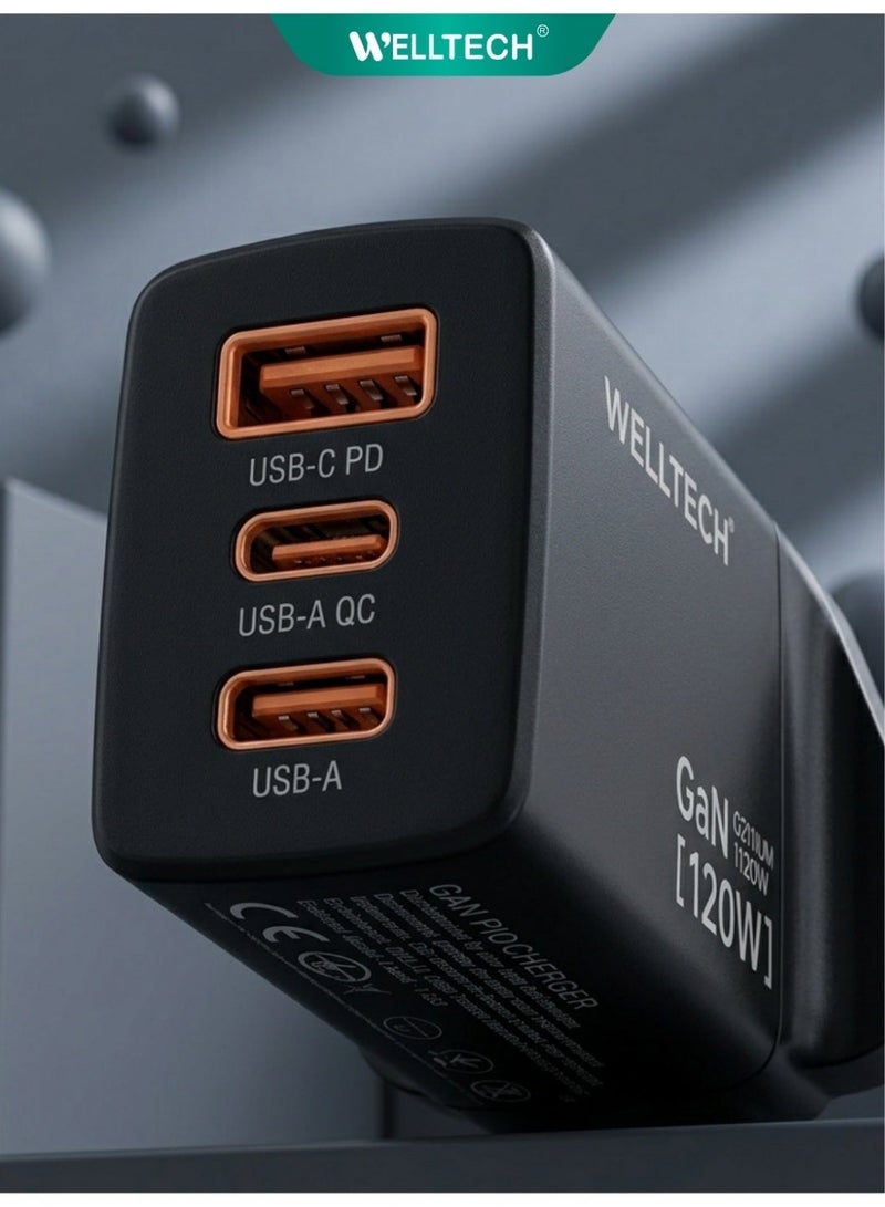 WELLTECH 120W GaN Fast Charger 3 Port USB-C PD + USB Multi Port Power Adapter for Laptop MacBook iPhone Samsung Ultra Fast Charging – Welltech GaN120 - Image 1