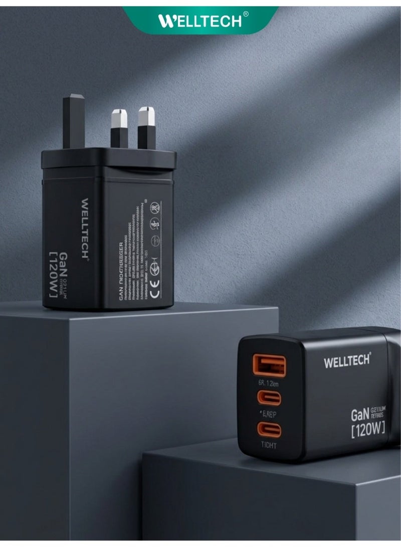 WELLTECH 120W GaN Fast Charger 3 Port USB-C PD + USB Multi Port Power Adapter for Laptop MacBook iPhone Samsung Ultra Fast Charging – Welltech GaN120 - Image 3