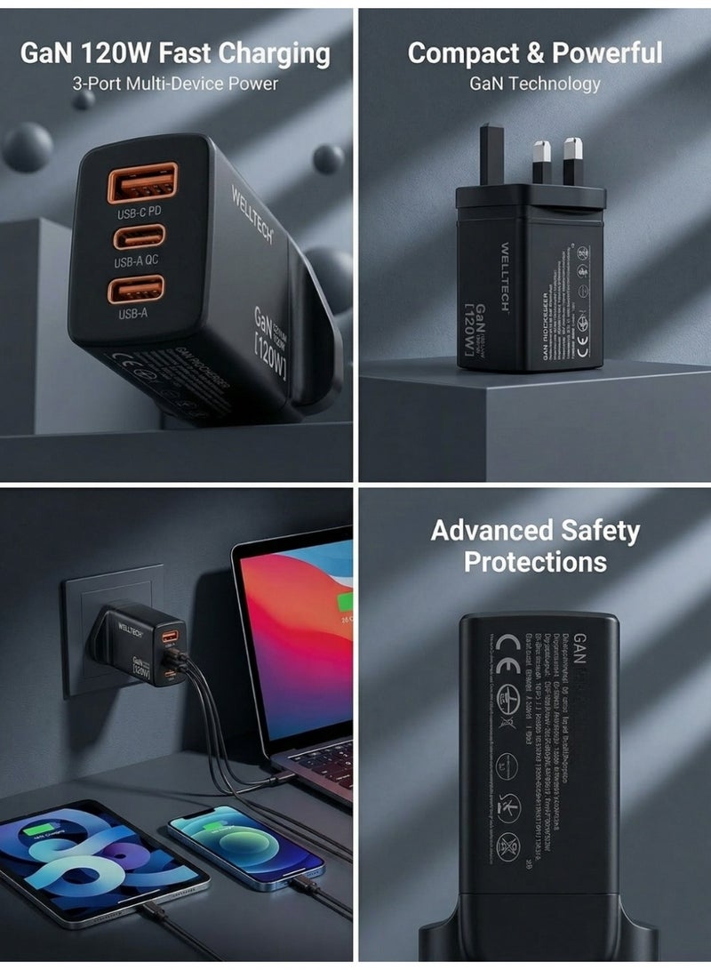 WELLTECH 120W GaN Fast Charger 3 Port USB-C PD + USB Multi Port Power Adapter for Laptop MacBook iPhone Samsung Ultra Fast Charging – Welltech GaN120 - Image 4