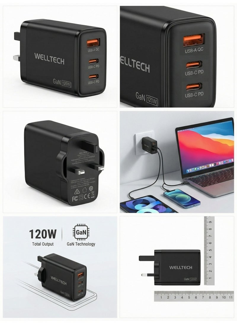 WELLTECH 120W GaN Fast Charger 3 Port USB-C PD + USB Multi Port Power Adapter for Laptop MacBook iPhone Samsung Ultra Fast Charging – Welltech GaN120 - Image 5