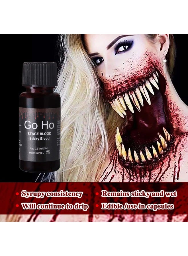 Go Ho Halloween Fake Blood Washable(0.5 oz),Dripping Fake Blood with Brushes,Edible Fake Blood Makeup for Eyes Drips Teeths Mouth Nose Bleeds,Cosplay SFX Zombie Vampire Blood - Image 3