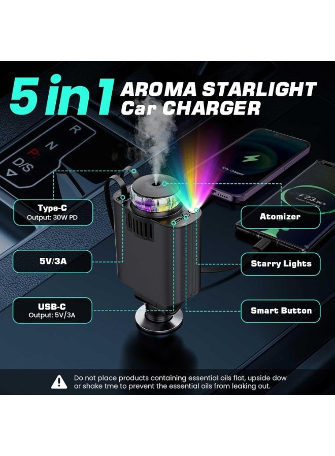 5-in-1 Retractable USB C Car Charger with Aromatherapy Diffuser and Starlight Projector, Dual Port Fast Charging Adapter - Image 3