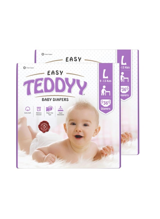 TEDDYY Easy Baby L Size Diaper Tape Style | 72 Count (Large) | 9-13 kgs (Pack of 2) | Quick Absorbency | Extra Super Soft | Anti - Bacterial | Wetness Indicator with Adjustable Grip Tapes - Image 1