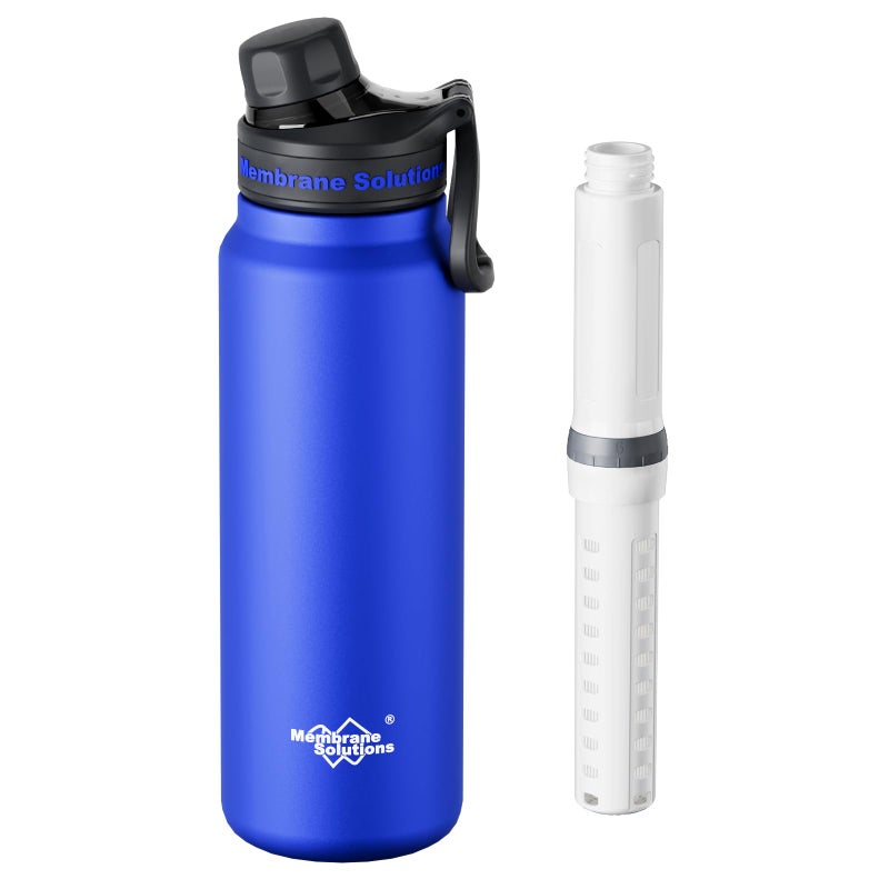 Membrane Solutions C3 Filtered Water Bottle, 32oz Stainless Steel Water Bottle with Replaceable ACF+UF Filter Cartridge, Portable Water Filter, Travel, Hiking & Camping for Drinking Water(Blue) - Image 1