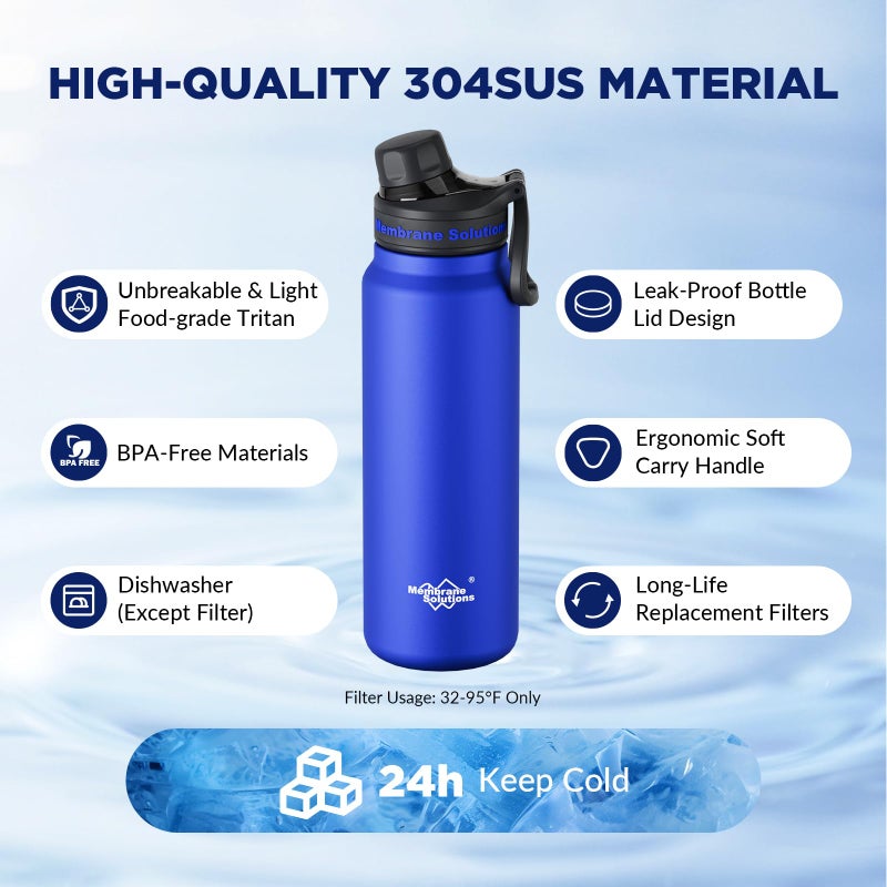 Membrane Solutions C3 Filtered Water Bottle, 32oz Stainless Steel Water Bottle with Replaceable ACF+UF Filter Cartridge, Portable Water Filter, Travel, Hiking & Camping for Drinking Water(Blue) - Image 4
