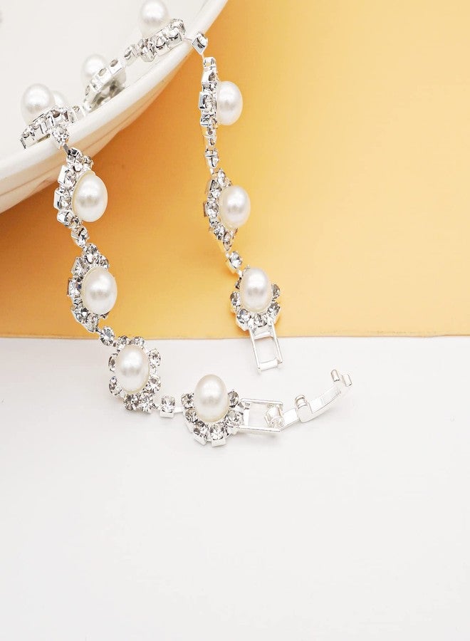 JSEA Womens Faux Pearl Link Bracelet Silver Tone Rhinestone Imitation Pearl Bracelets - Image 4