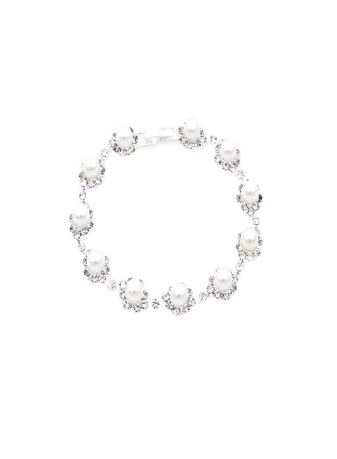 JSEA Womens Faux Pearl Link Bracelet Silver Tone Rhinestone Imitation Pearl Bracelets - Image 1