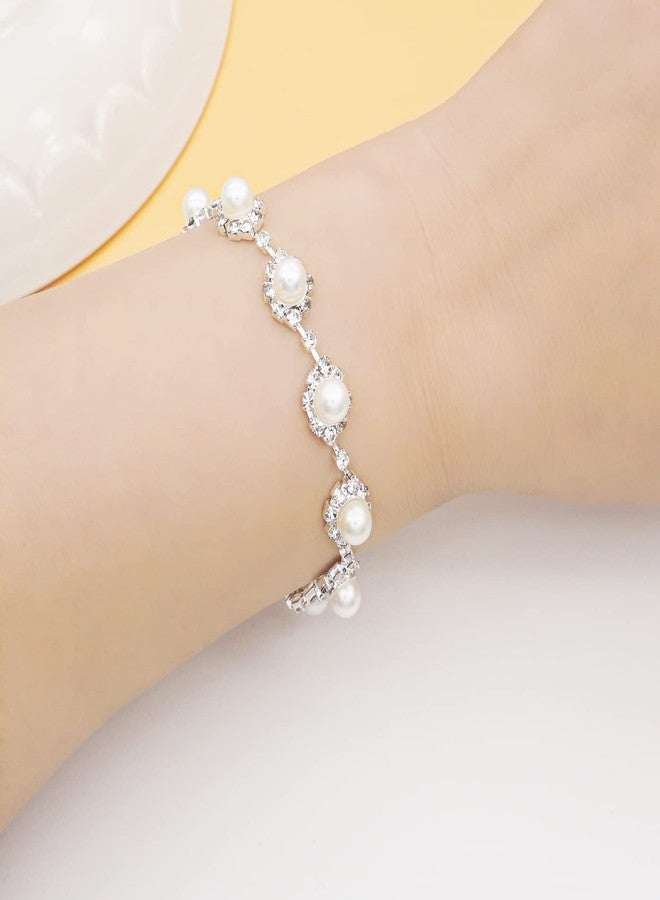 JSEA Womens Faux Pearl Link Bracelet Silver Tone Rhinestone Imitation Pearl Bracelets - Image 5
