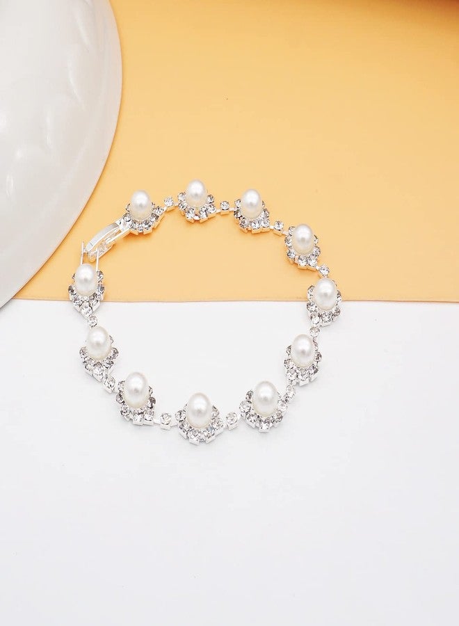 JSEA Womens Faux Pearl Link Bracelet Silver Tone Rhinestone Imitation Pearl Bracelets - Image 2