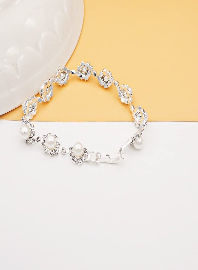JSEA Womens Faux Pearl Link Bracelet Silver Tone Rhinestone Imitation Pearl Bracelets - Image 3