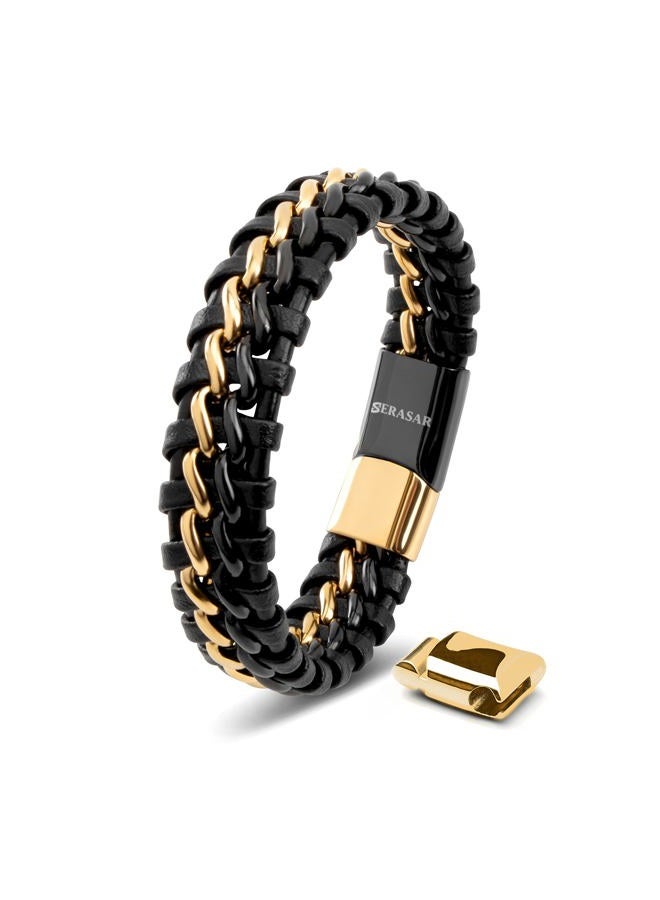 SERASAR Mens Jewellery 23cm Gold Bracelet Men Gift Box Genuine Leather Cowhide Braided Adjust Able Magnetic Clasp Multi Layer Wrap Rope Man Mans Male Boy Boys Band Jewelry Magnet Accessories - Image 1