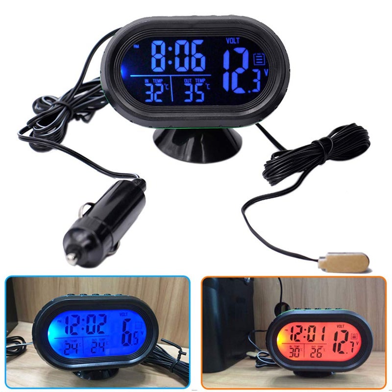 Maso Car Thermometer LCD Digital Clock - 12-24V Multifunctional Temperature Voltmeter Gauge Electronic Clock Alarm Monitor with 2 Backlights - Image 1