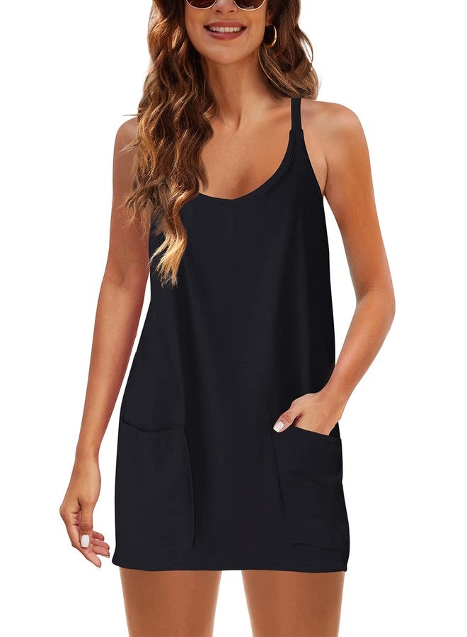 Lentta Womens Athletic Sleeveless Mini Dress with Built-in Shorts V Neck Spaghetti Strap Sundress(Black-M) - Image 3