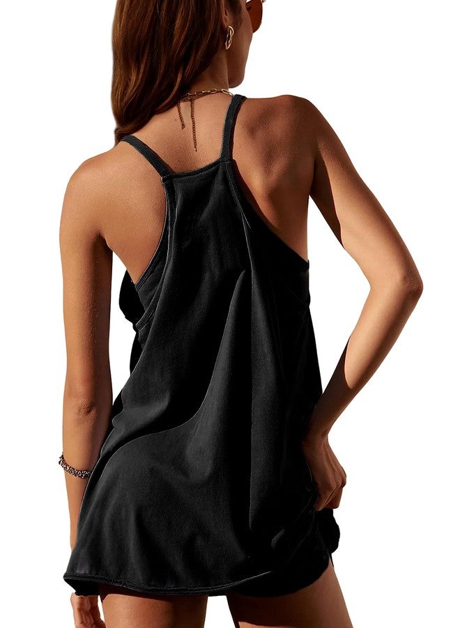 Lentta Womens Athletic Sleeveless Mini Dress with Built-in Shorts V Neck Spaghetti Strap Sundress(Black-M) - Image 2