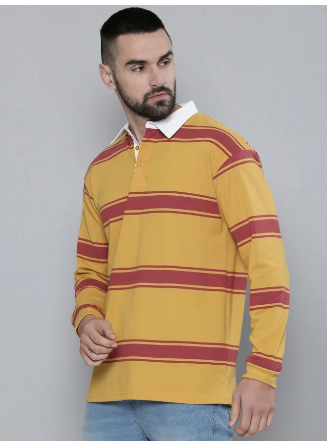 مانياك تيشيرت بولو رجالي قطن مقاس كبير مخطط أصفر وأحمر بأكمام كاملة