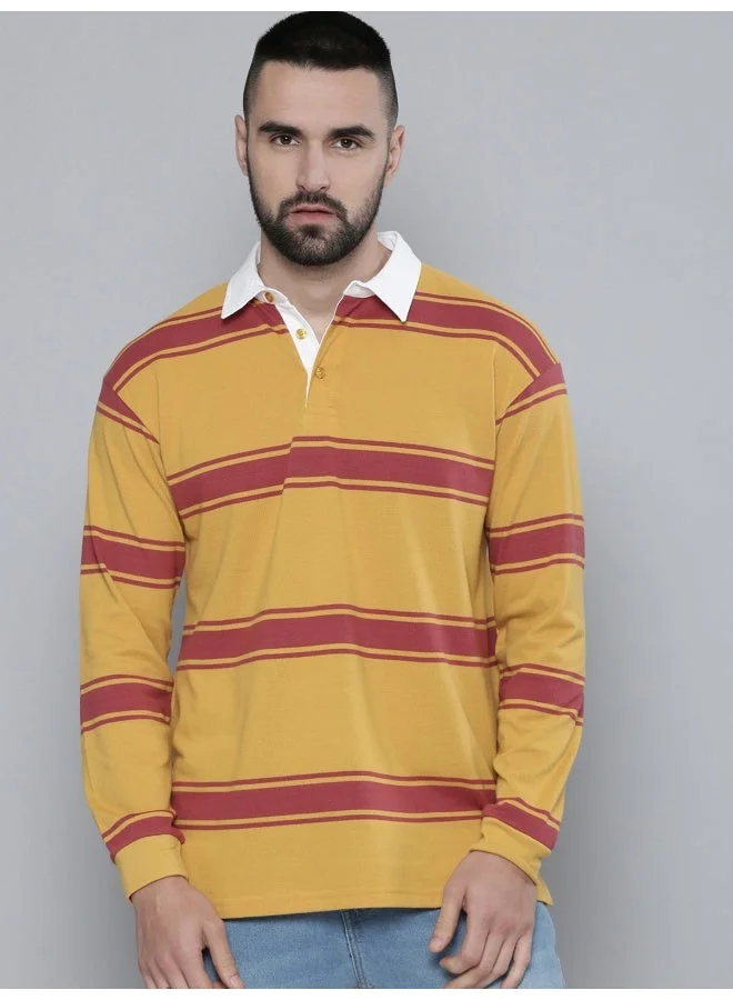 مانياك تيشيرت بولو رجالي قطن مقاس كبير مخطط أصفر وأحمر بأكمام كاملة