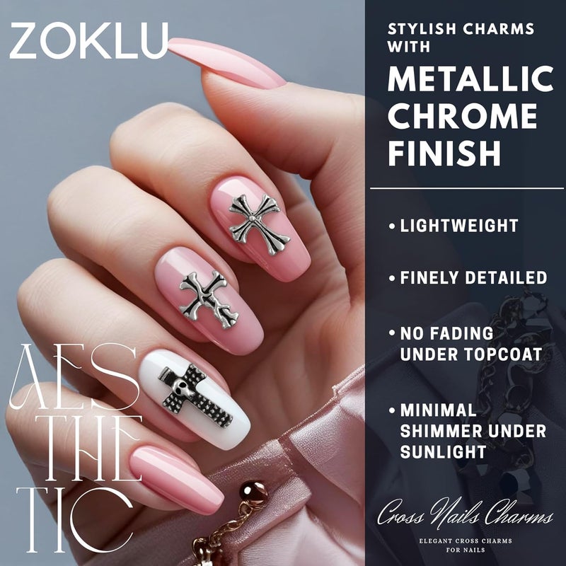 ZOKLU 120 Pcs Cross Nail Charms and Gems â€“ 3D Acrylic Silver Cross Charms for Nails for DIY & Professional Manicure â€“ Easy-to-Apply & Durable Nail Decorations, Versatile for Y2K or Daily Manicure Designs - Image 3