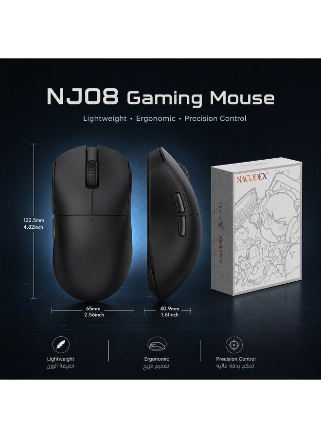 Nacodex NJ08 Premium Wireless Gaming Mouse - Triple-Mode (2.4G/Bluetooth/Wired), Ergonomic Asymmetric Design, RGB Lighting, Type-C Rechargeable (70g) , Black Color - Image 1