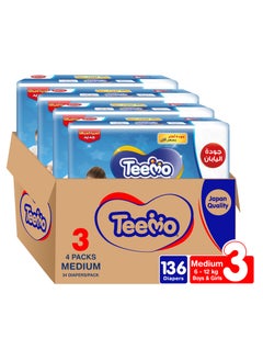 Teemo Compressed Diamond Pad, Size 3, Medium, 6-12 Kg, Jumbo Box, 136 Diapers  - Image 1