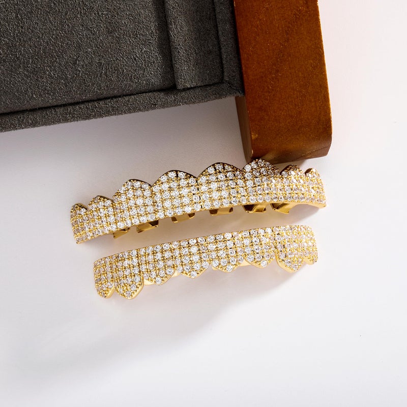 TOPGRILLZ Iced Diamond Grillz for Men Silver Teeths Grills Gold Teeth Grill for Women Micro Pave 8 Fang Top Bottom Grillz 14K Gold Plated Rapper Costume Jewelry Accessory (Golden) - Image 3