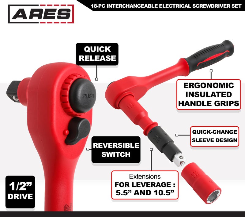 ARES 19004-37-Piece Insulated Electrical Tool Set - Ergonomic Handle with 19 Screwdriver Sizes and 4 Cabinet Keys - 1/2-Inch Drive Ratchet and Extensions - 9 Socket Sizes 10-24mm - Storage Case - Image 5