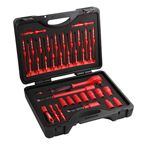 ARES 19004-37-Piece Insulated Electrical Tool Set - Ergonomic Handle with 19 Screwdriver Sizes and 4 Cabinet Keys - 1/2-Inch Drive Ratchet and Extensions - 9 Socket Sizes 10-24mm - Storage Case - Image 1