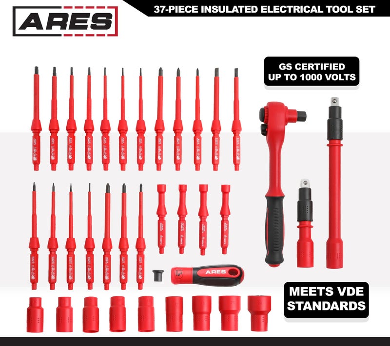 ARES 19004-37-Piece Insulated Electrical Tool Set - Ergonomic Handle with 19 Screwdriver Sizes and 4 Cabinet Keys - 1/2-Inch Drive Ratchet and Extensions - 9 Socket Sizes 10-24mm - Storage Case - Image 3