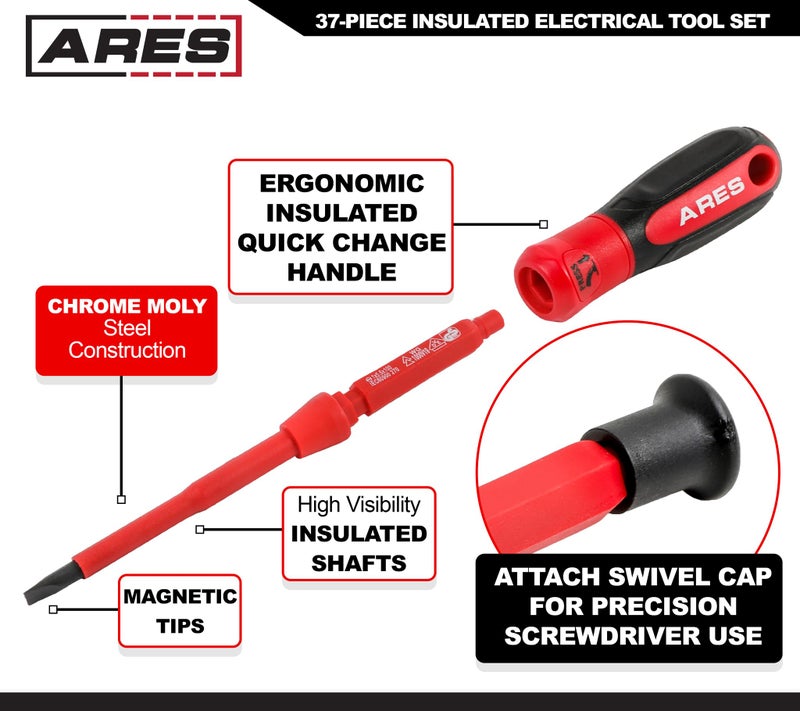 ARES 19004-37-Piece Insulated Electrical Tool Set - Ergonomic Handle with 19 Screwdriver Sizes and 4 Cabinet Keys - 1/2-Inch Drive Ratchet and Extensions - 9 Socket Sizes 10-24mm - Storage Case - Image 4