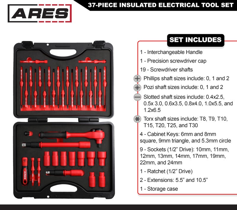 ARES 19004-37-Piece Insulated Electrical Tool Set - Ergonomic Handle with 19 Screwdriver Sizes and 4 Cabinet Keys - 1/2-Inch Drive Ratchet and Extensions - 9 Socket Sizes 10-24mm - Storage Case - Image 2